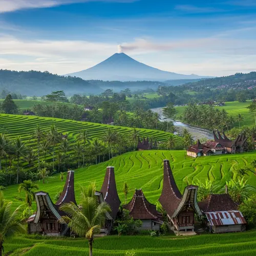 Scenic Indonesian Landscape: Rice Terraces, Palm Trees & Volcano View