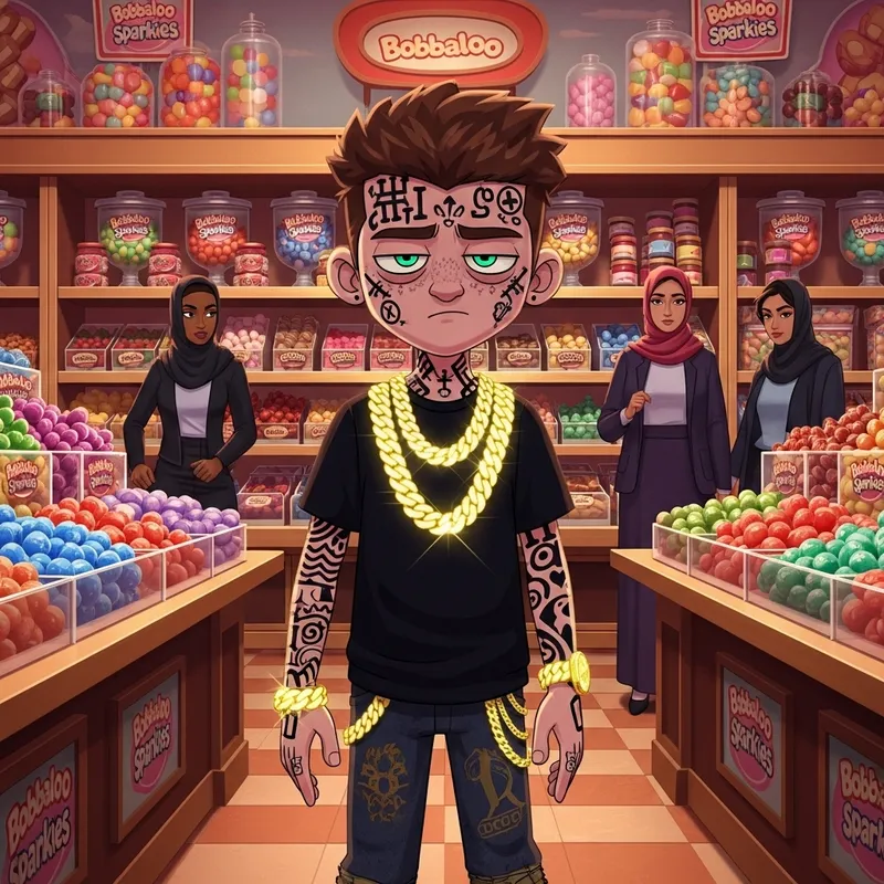 Animated Gangster Boy in Candy Store with Gold Chains