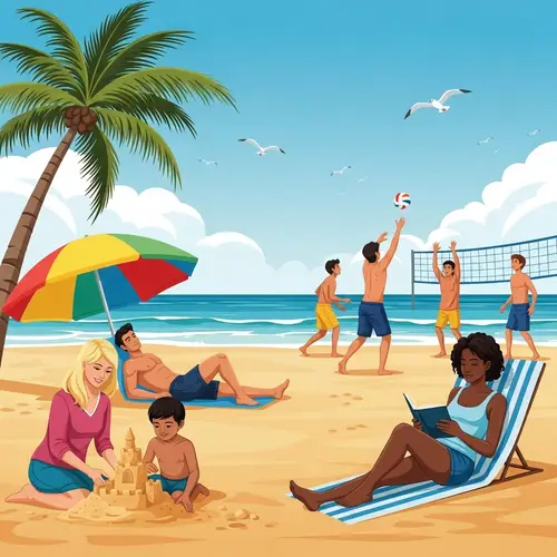 Diverse Tourists Enjoying Beach Activities | Seaside Vacation Scene