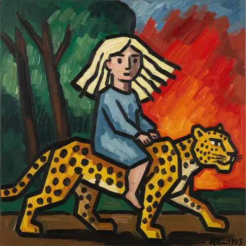 Platinum Blonde Girl on Leopard: Expressive Early 20th Century Art