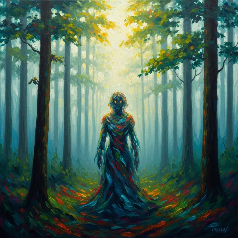 Otherworldly Presence in Vibrant Foggy Forest - Fantasy Art