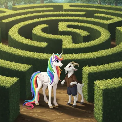 Sparkle the White Unicorn and Hooves the Friendly Goat in Labyrinth Forest Maze
