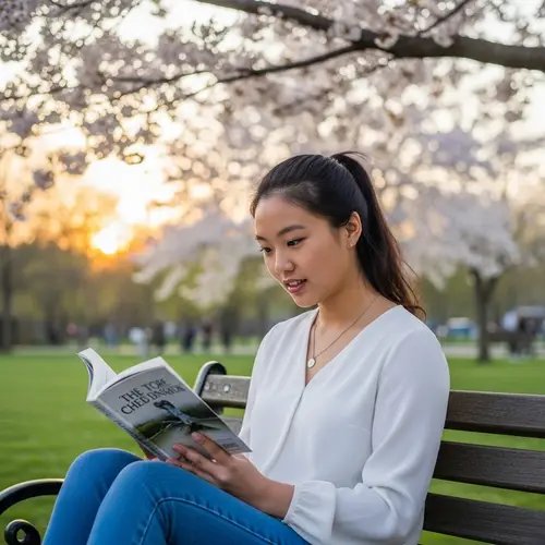 18-Year-Old Chinese Girl Reading in Blossoming Park