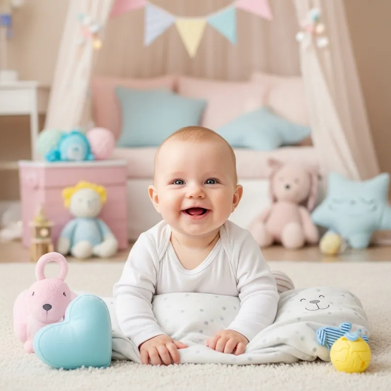 Adorable Baby Smiling in Cozy Decor | Sweet Childhood Scene Adorable Baby Smiling in Cozy Decor | Sweet Childhood Scene