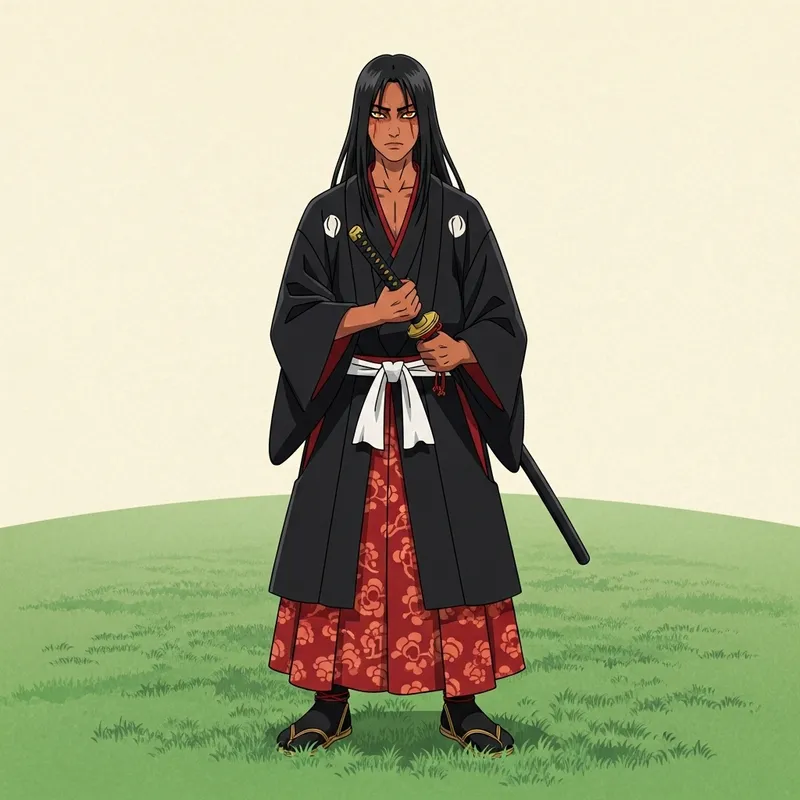 Contemporary Anime Character in Traditional Japanese Style | Black Hair, Orange Eyes, Katana
