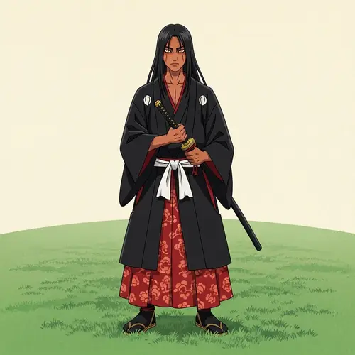 Anime Houseki no Kuni Inspired Character Art | Long Black Hair, Katana, Red Robe