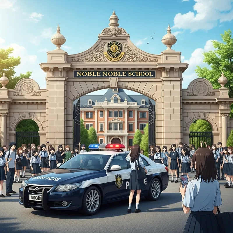 Anime-Inspired Scene at Asian Noble School | Excited Students and Police Car