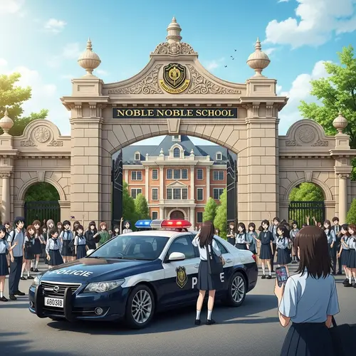 Anime-Inspired Scene at Asian Noble School | Excited Students and Police Car