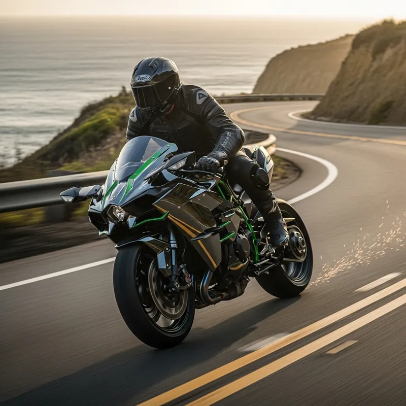 Passionate Male Rider on High-End Sports Kawasaki Ninja H2R