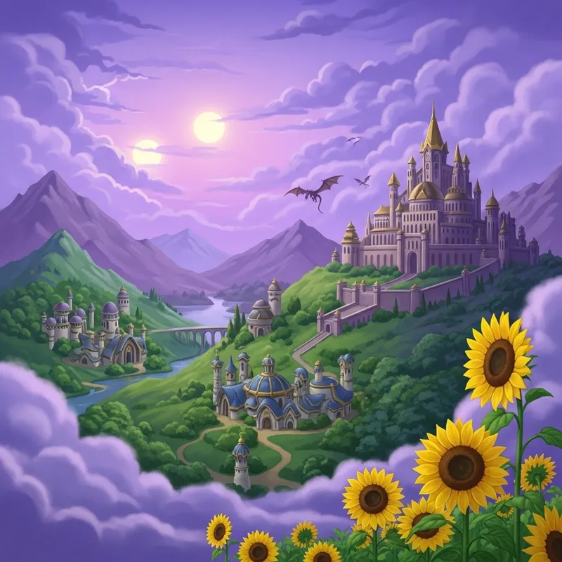 Enchanting Palace On Hill in Elvish Village with Sunflowers