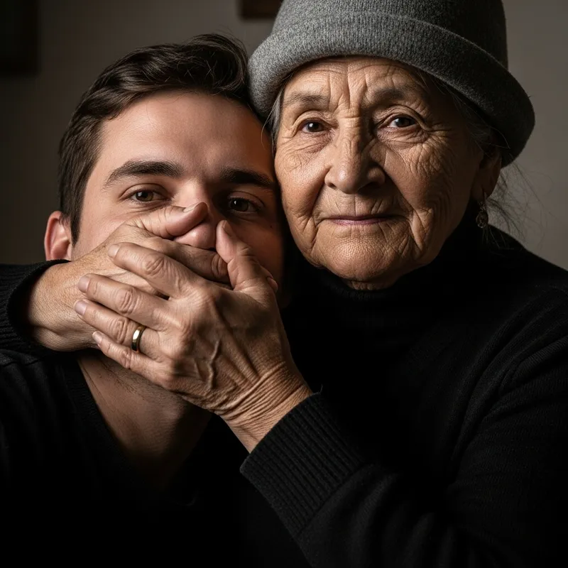 Elderly Woman Embracing Man in Warm Moment