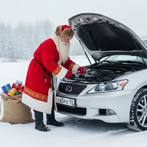 Russian Winter Costume Elderly Man Repairing Lexus Car