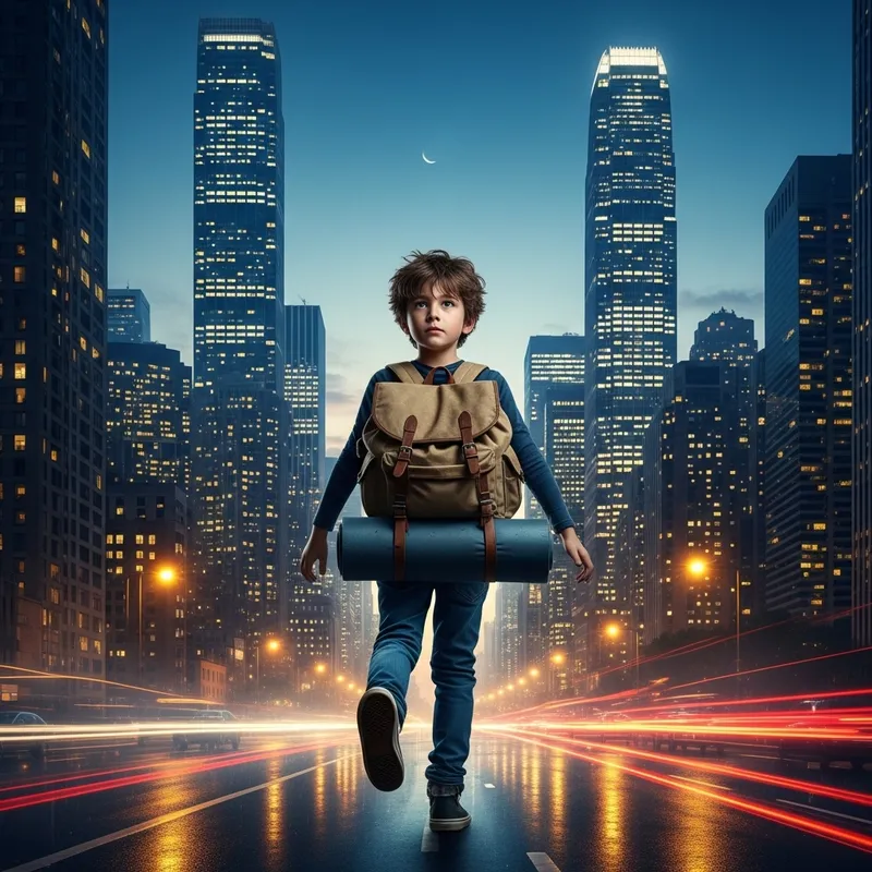 Exploring the Unknown: Young Boy Embracing Adventure Beyond Urban Cityscape