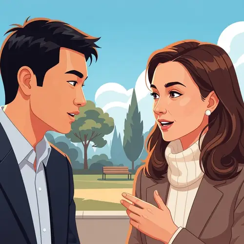 Engaging Conversation Between East Asian Male and European Female in Park Setting