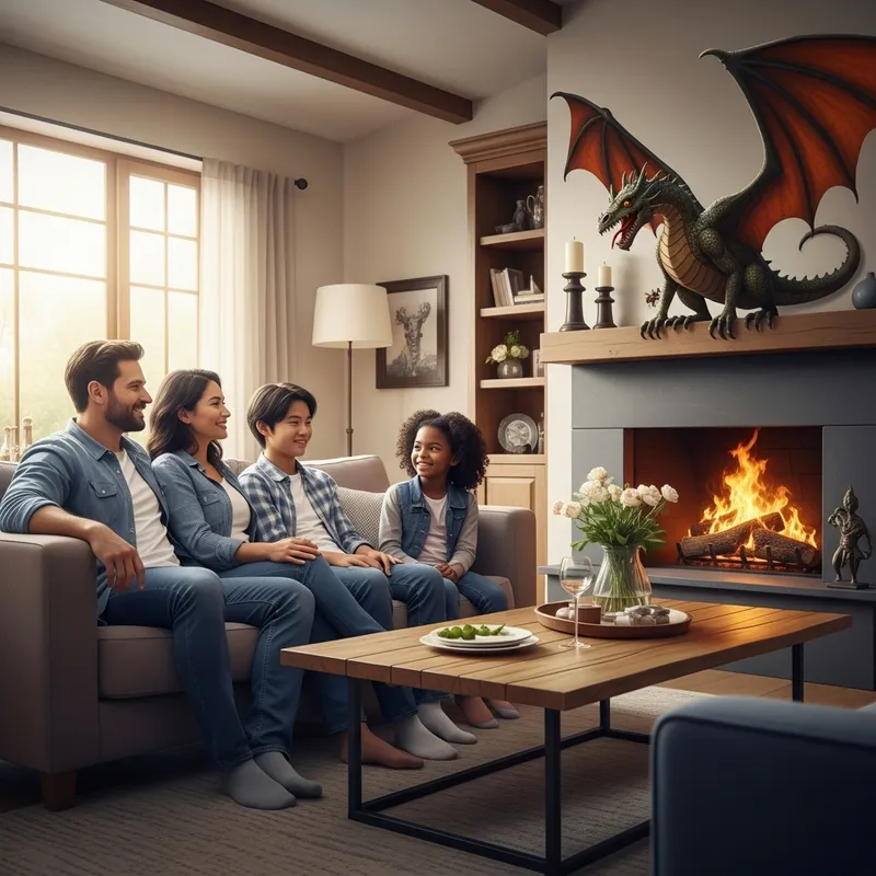 Modern Family Living in a Fantasy House with Dragon Fireplace