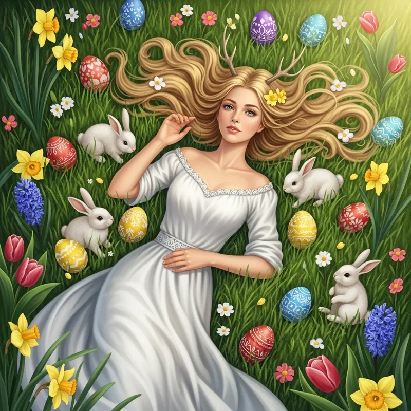 Tranquil Goddess on Flowering Meadow with Bunnies and Eggs
