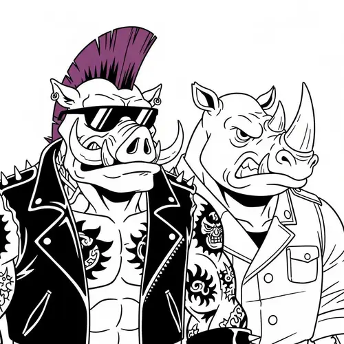 the boar bebop and the rhinoceros Rocksteady from the cartoon Teenage Mutant Ninja Turtles, tattoo in the graphic style of black and white