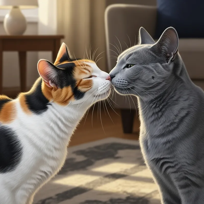 Adorable Cats Kissing: Calico & Russian Blue in Affectionate Moment