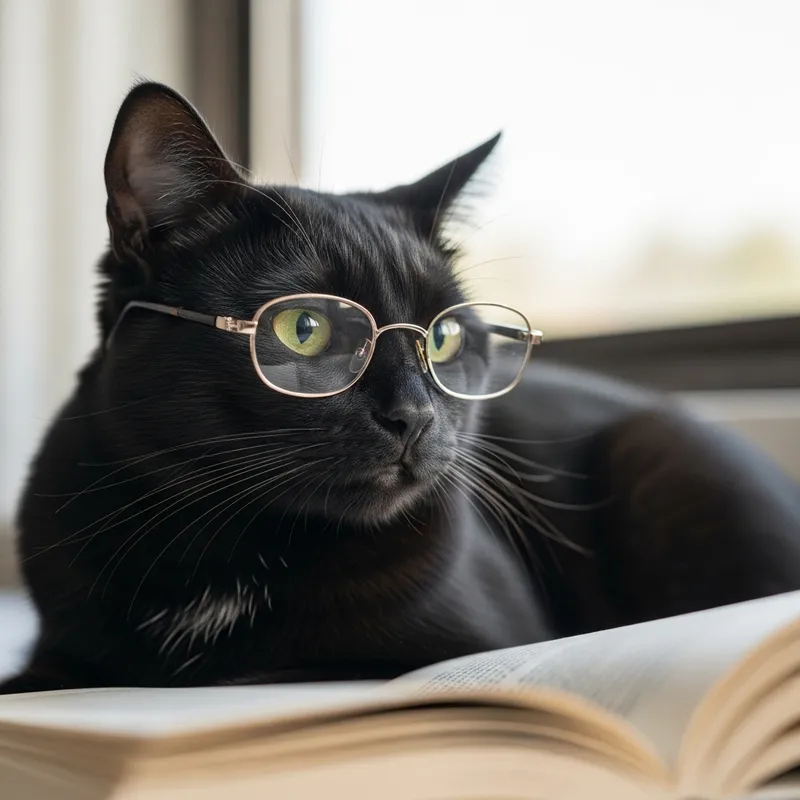 Charming Asian Cat in Glasses | Elegant Black Fur Charming Asian Cat in Glasses | Elegant Black Fur