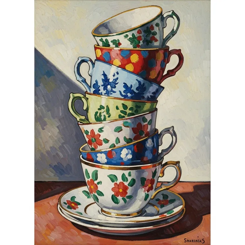 Stacked Colorful Teacups Still Life | Fauvism Art