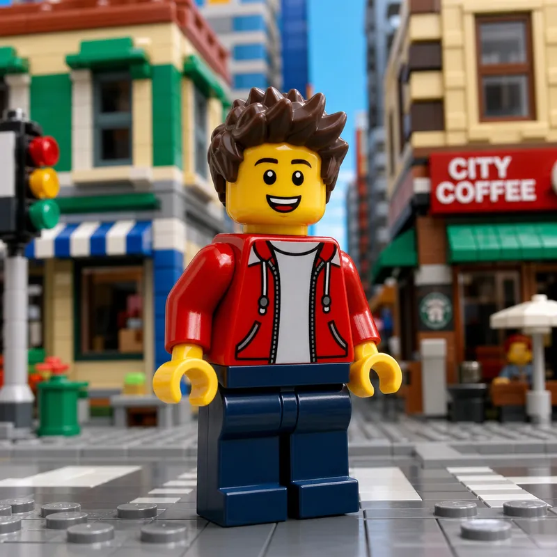 Colorful Toy Minifigure in Brick-Built City Scene Colorful Toy Minifigure in Brick-Built City Scene