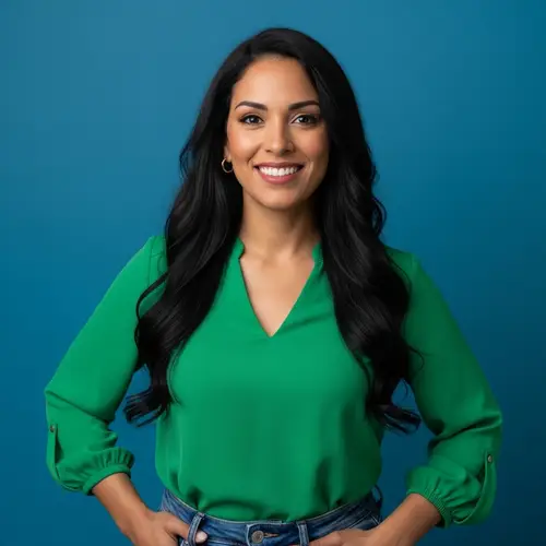 Confident Hispanic Woman with Radiant Smile | Vibrant Casual Portrait