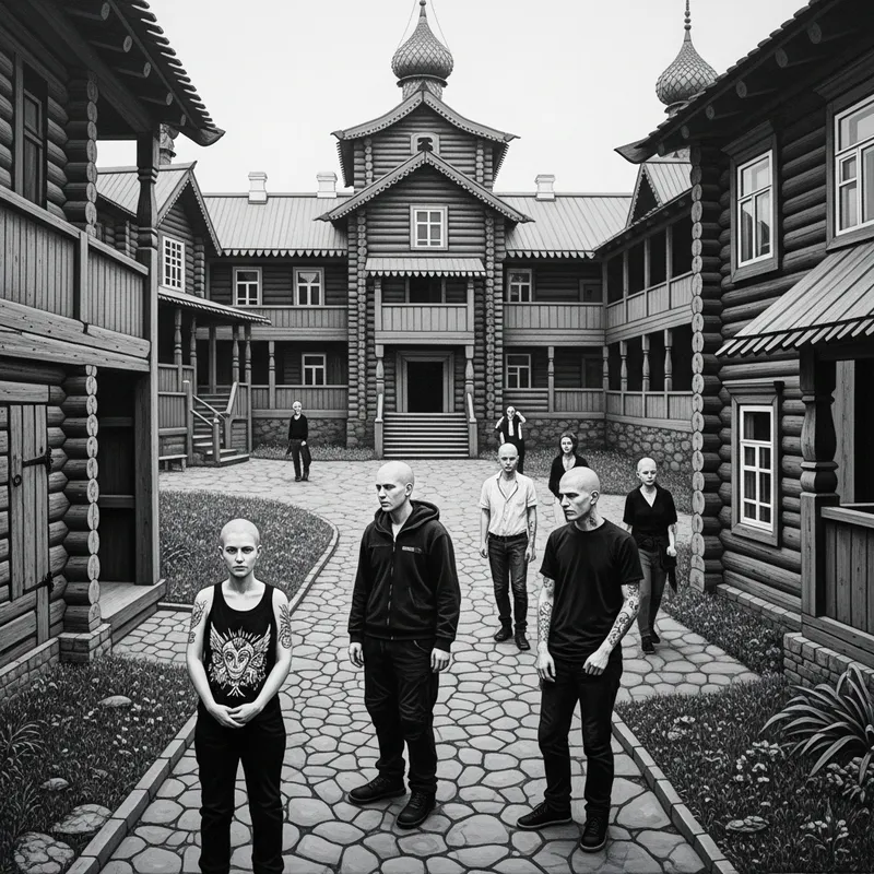 Monochromatic Painting of Skinheads in a Traditional Russian Courtyard