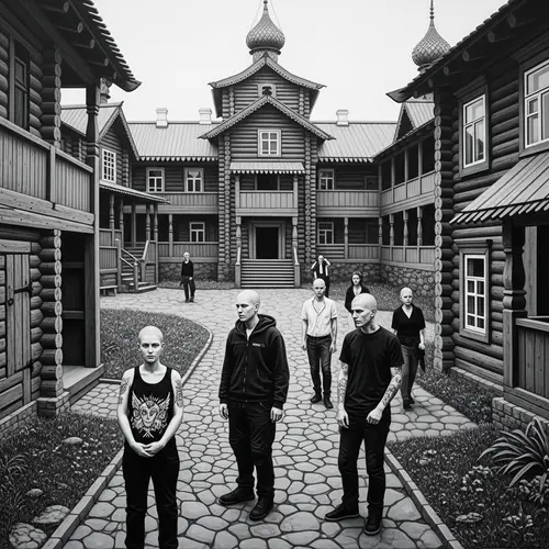 Monochromatic Painting of Skinheads in Russian Courtyard