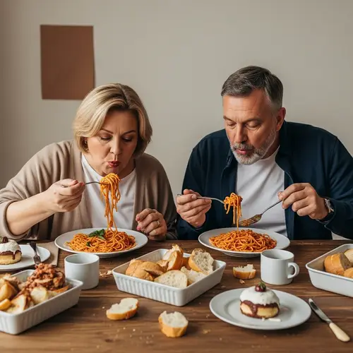 Happy Middle-aged Couple Enjoying Hearty Meal of Spaghetti and Desserts
