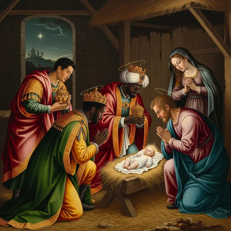 Magi Adoring Jesus in Manger Painting
