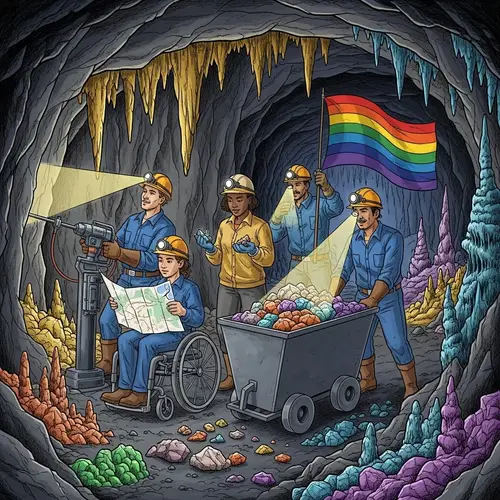Dramatic Underground Scene: Diverse Miners and Sparkling Stones