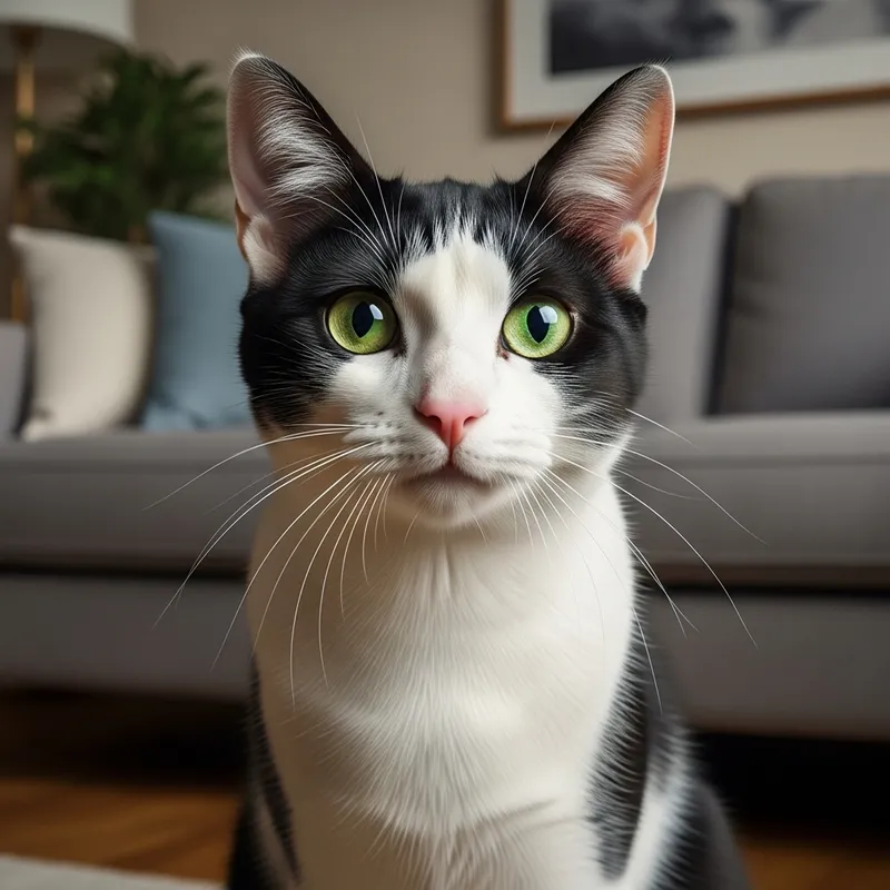 Black and White Housecat with Green Eyes