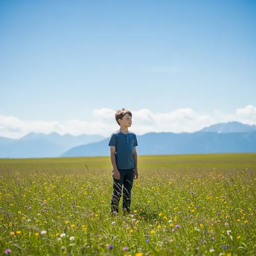Young Boy Standing in Tranquil Green Field