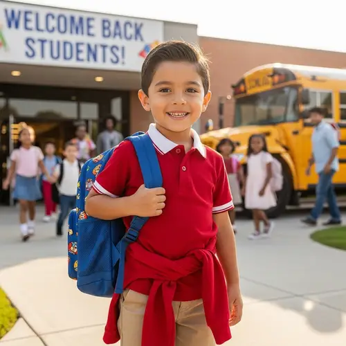Start of School: 5-Year-Old Boy in Red Uniform and White Polo