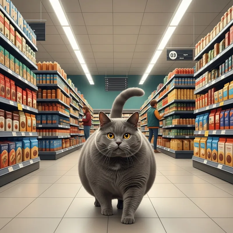Obese Gray Cat Entering Vibrant Grocery Store | Fascinating Scene