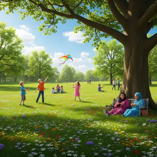 Lively Spring Meadow Scene with Diverse Activities