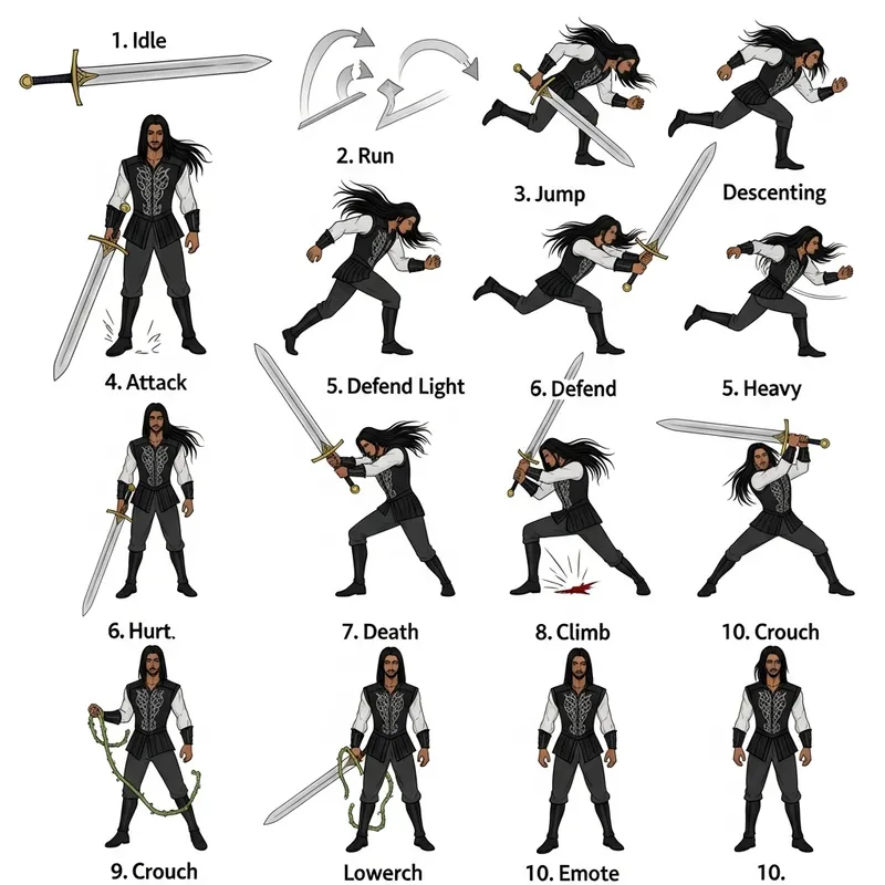 Vintage Gothic Warrior Sprite Sheet with Long Black Hair Vintage Gothic Warrior Sprite Sheet with Long Black Hair