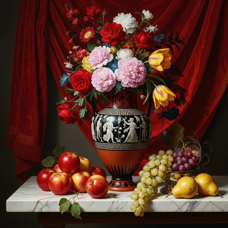 Roman Amphora with Intricate Floral Patterns and Fruits | Still Life Painting