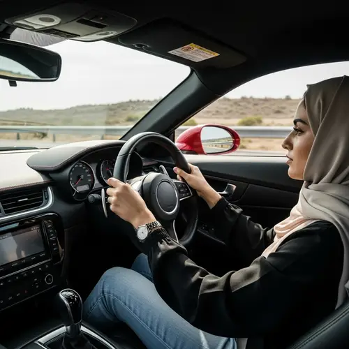 Middle-Eastern Woman in Hijab Drives Luxury Sports Car on Open Highway