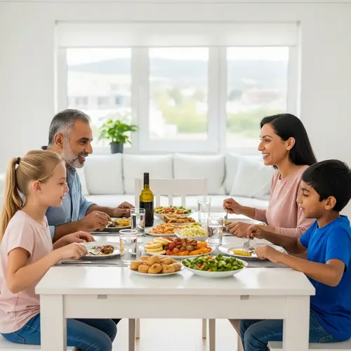 Family Dinner Scene: Parents and Kids Enjoying Meal Together