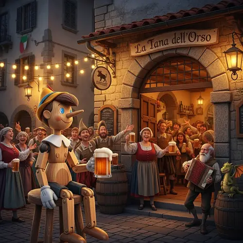 Whimsical Wooden Doll with Pint of Beer in Lucca Alehouse