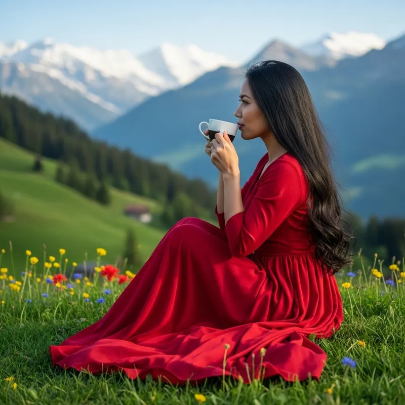 Filipina Woman in Red Dress Enjoying Coffee in Swiss Summer