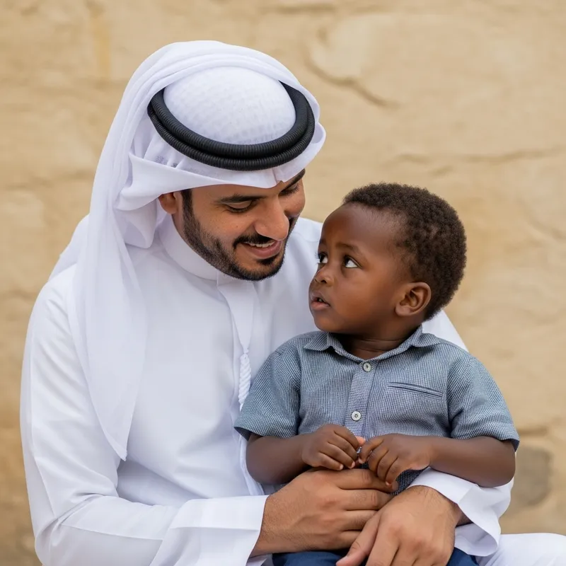 Tender Middle-Eastern Man with Admiring Black Boy - A Heartwarming Moment