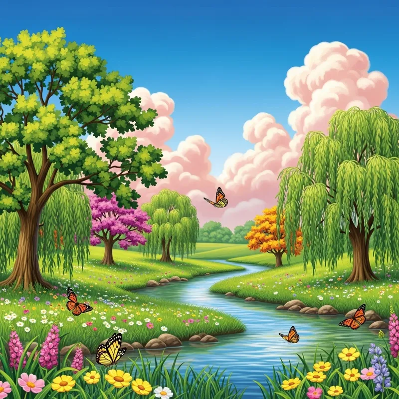 Vibrant Nature: Colorful Meadow, River, and Wildlife