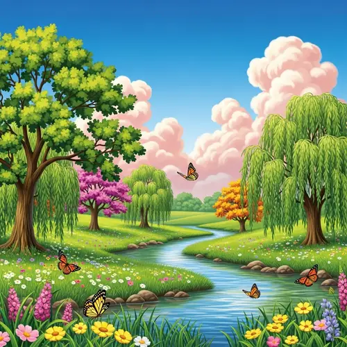 Vibrant Nature Sanctuary: Lush Meadow, River, and Butterflies
