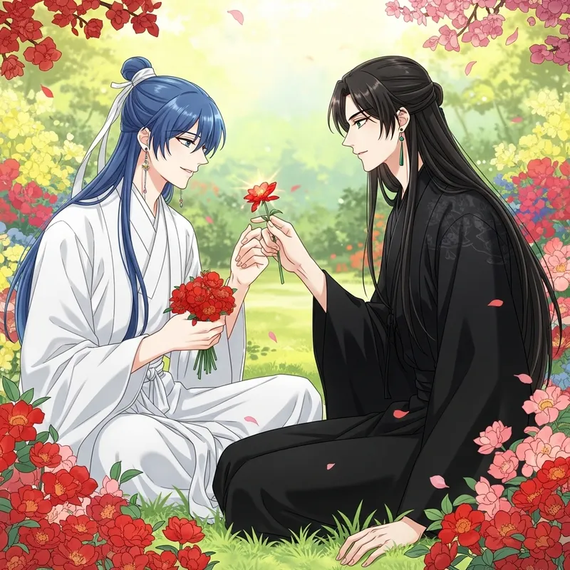 Manhwa Style Garden: Blue and Black Haired Men with Flowers