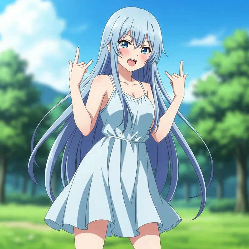Anime Girl with Light Blue Hair | Assertive Summer Dress Pose
