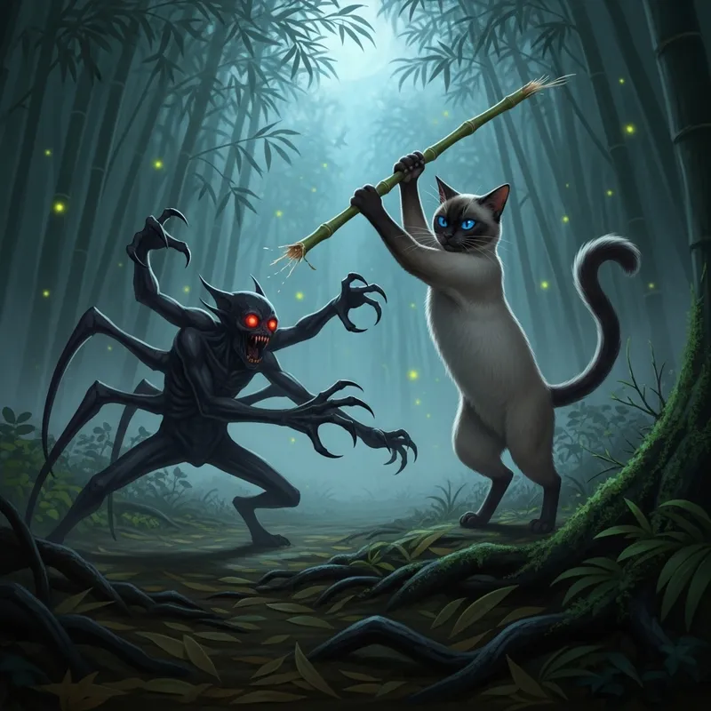 Cat Fighting Monster with Bamboo Stick