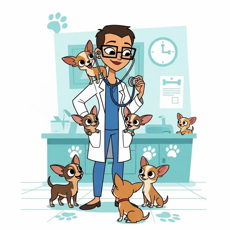 Cartoon Female Doctor with Short Hair and Chihuahua Dogs Cartoon Female Doctor with Short Hair and Chihuahua Dogs
