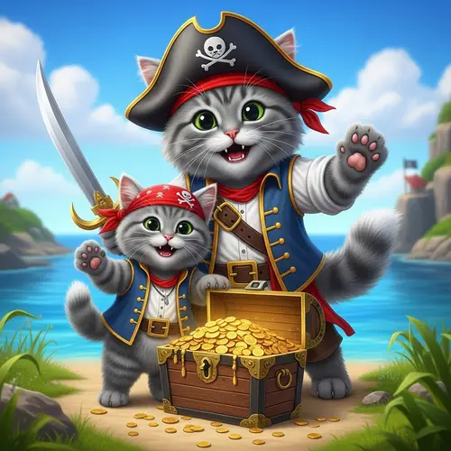 Fluffy Grey Pirate Cat Adventures for Treasure | Beautifully Detailed